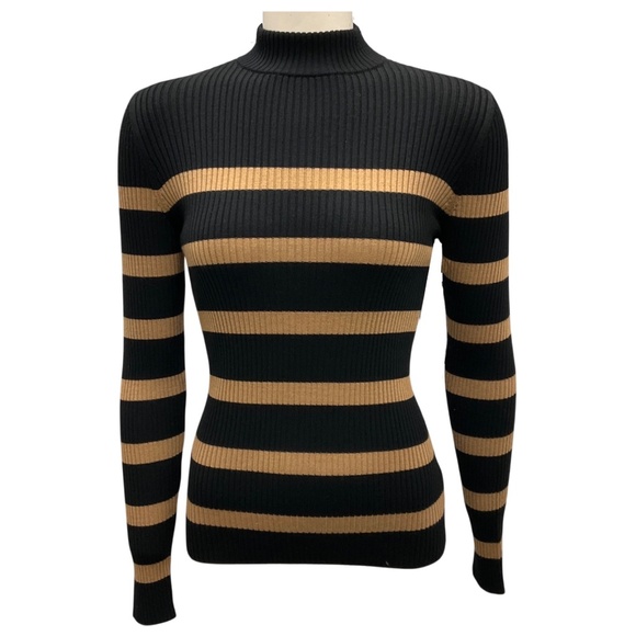 AKRIS PUNTO BLACK / CARAMEL RIBBED WOOL KNIT PULLOVER SWEATER - Picture 1 of 6